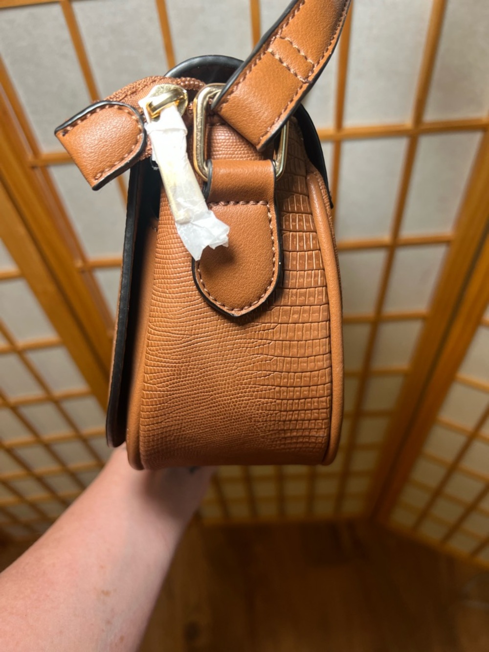 Alyssa Brown Crossbody Bag Vegan Leather Saddle Purse Textured Flap NWT - Picture 6 of 16
